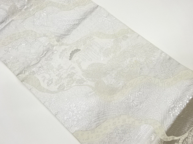 プラチナ銀箔二重織花鳥に松・流水模様織出し袋帯